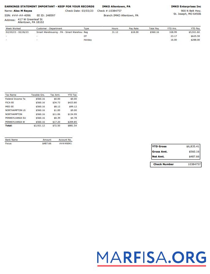 Realistic IMKO Enterprises Inc PayStub real example